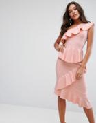 Asos One Shoulder Tiered Ruffle Bodycon Midi Dress - Pink