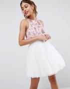 Asos Embellished Crop Top Mini Dress With Tulle Skater - Beige