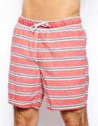 Asos Stripe Swim Shorts In Mid Length - Red