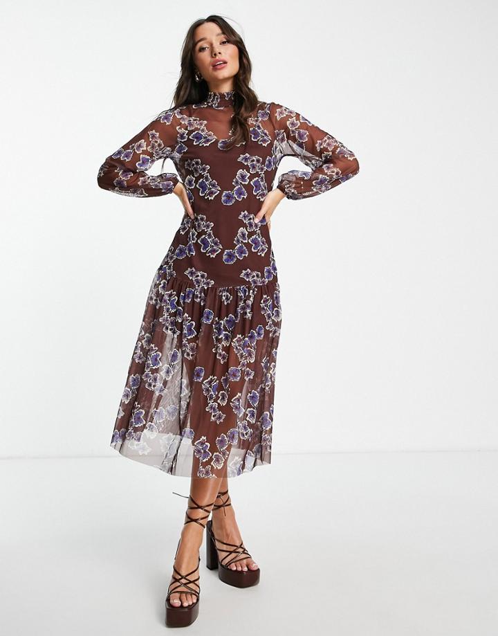 River Island Floral Mesh Drop Hem Midi Dress In Dark Red
