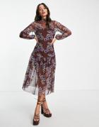 River Island Floral Mesh Drop Hem Midi Dress In Dark Red
