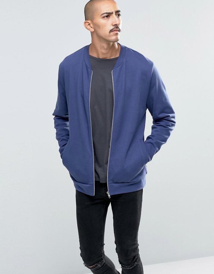 Asos Jersey Bomber Jacket In Blue - Blue