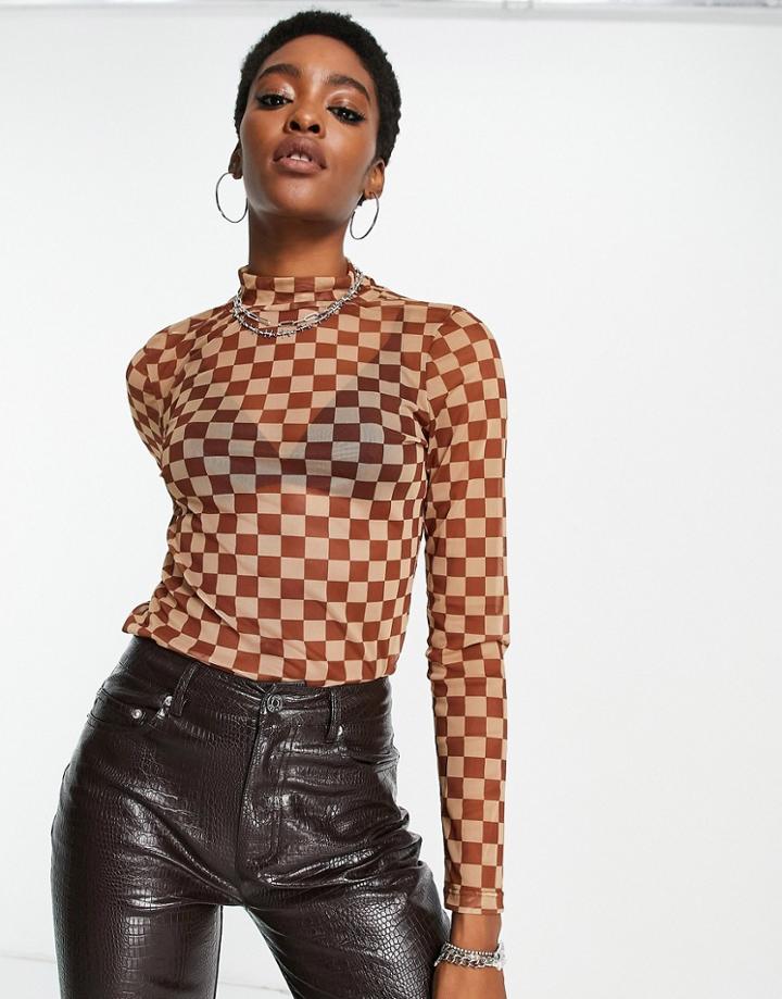 Only Printed Mesh Top In Brown Check