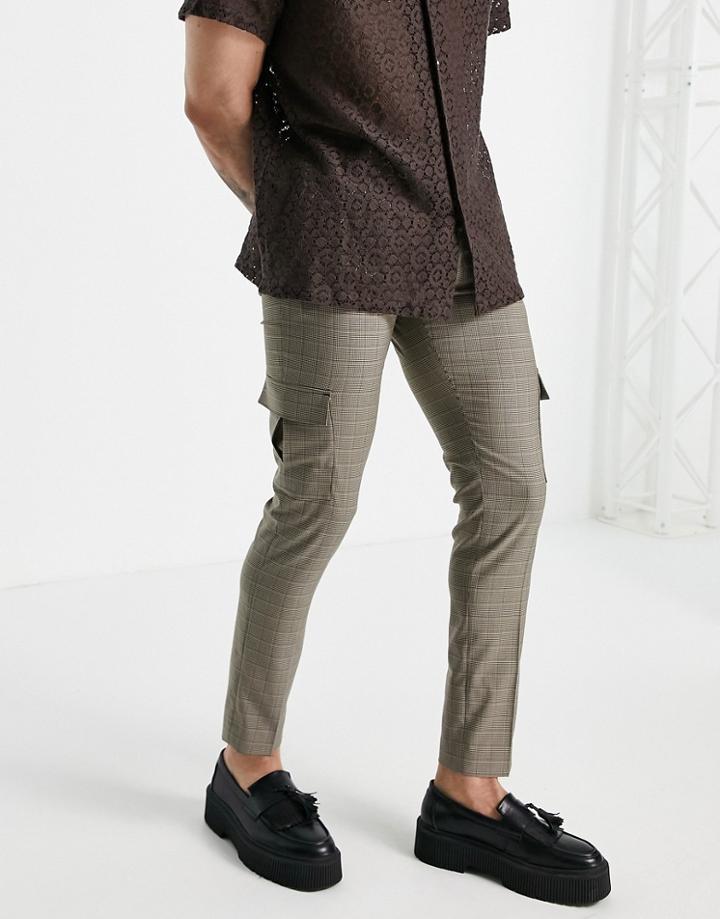 Asos Design Skinny Cargo Smart Pants In Brown Check
