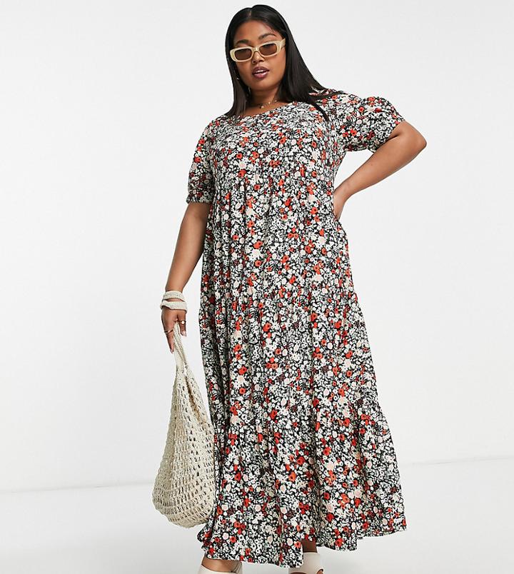 Yours Tiered Smock Dress In Red Floral