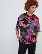 Asos Design Oversized T-shirt With All Over Coral Print In Velour - Black