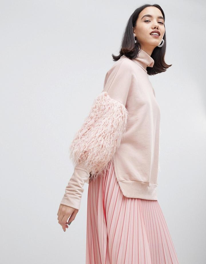 Lost Ink High Neck Sweatshirt With Mongolian Faux Fur Sleeves - Pink