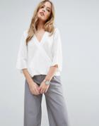 Asos Drape Wrap Top With Fluted Sleeve - White
