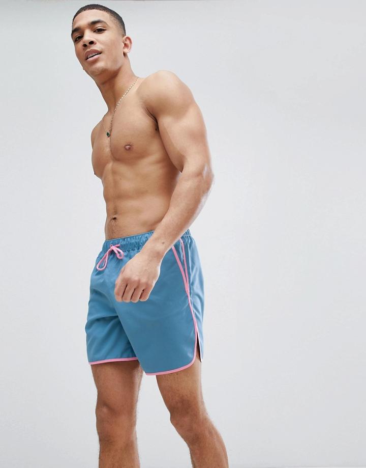 Asos Runner Swim Shorts In Blue With Pink Binding In Mid Length - Blue