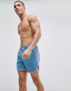 Asos Runner Swim Shorts In Blue With Pink Binding In Mid Length - Blue