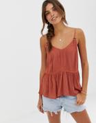 Asos Design Crinkle Cami With Lace Inserts And Ring Detail Sun Top-orange