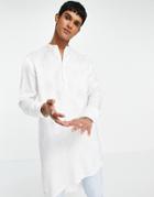 Asos Design Kurta Longline Shirt In Floral Jacquard With Grandad Neck-white