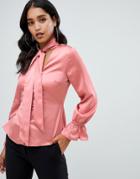 Lipsy Rouleau Button Satin Pussybow Blouse In Pink - Pink