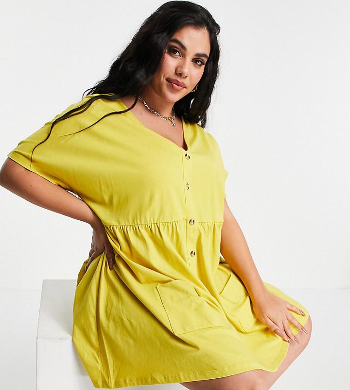 Asos Design Curve Button Up Mini Smock Dress With Pockets In Mustard-yellow