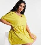 Asos Design Curve Button Up Mini Smock Dress With Pockets In Mustard-yellow