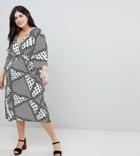 Influence Plus Wrap Midi Dress With Flared Sleeve In Spot & Stripe Print - Black