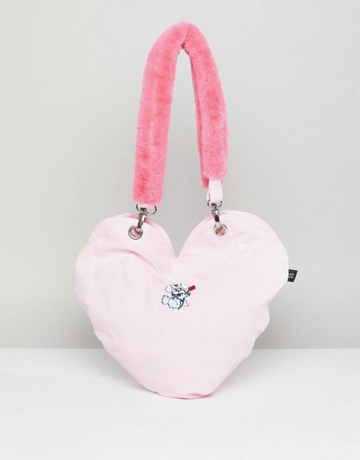 Lazy Oaf Dog Heart Tote Bag With Faux Fur Handle - Pink