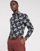 Moss London Slim Fit Shirt With Tiger Print In Navy - Navy