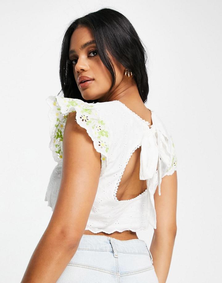 Lost Ink Eyelet Boxy Lounge Crop Top In White