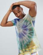 Asos Design Festival Relaxed Longline T-shirt With Spiral Tie Dye In Mesh - Blue