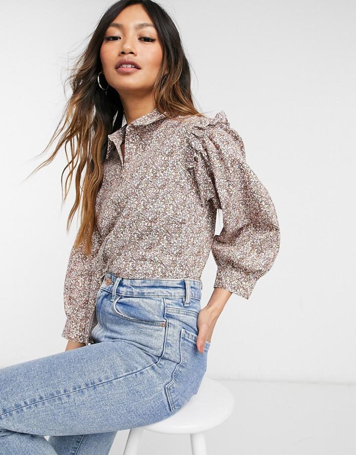 Y.a.s Shirt With Frill Shoulders In Floral Print-multi