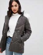 New Look Faux Fur Trim Quilted Coat - Green