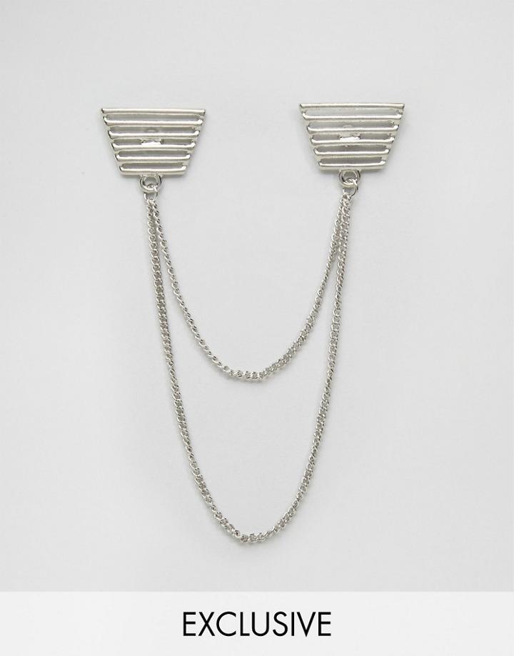 Designb Clean Collar Tips In Silver With Double Chain - Silver