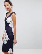 Ted Baker Soleia Bow Shoulder Bodycon Dress In Gardenia Print - Navy