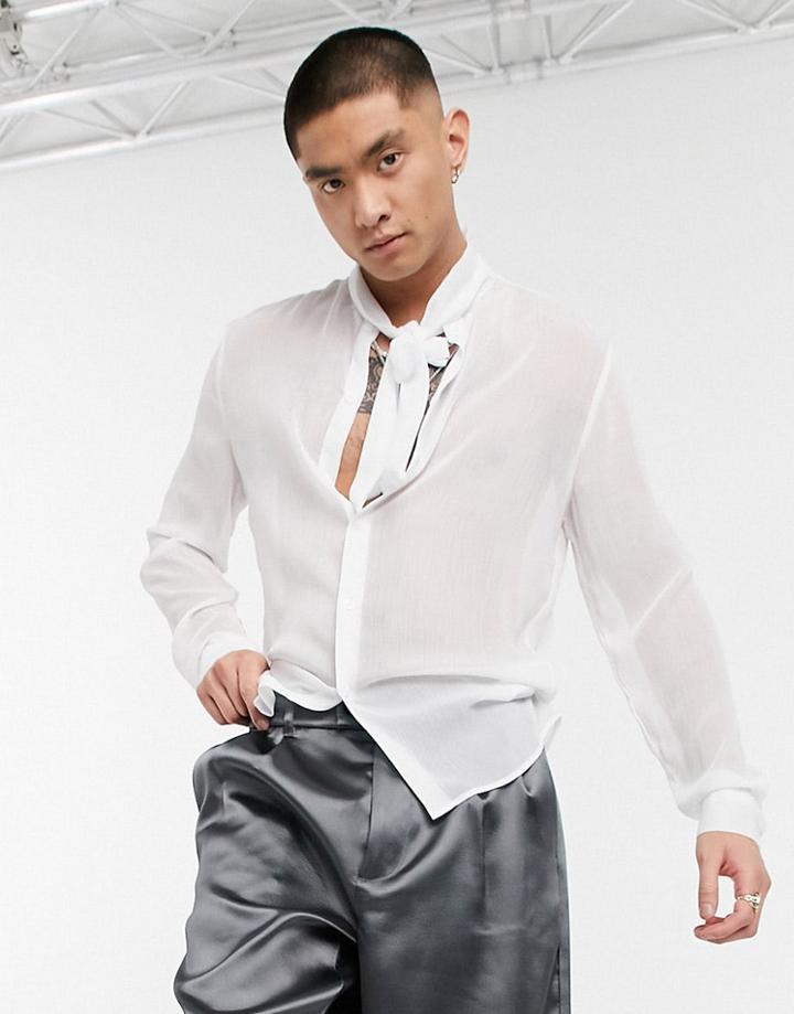 Asos Design Regular Fit Sheer Pussybow Shirt In White
