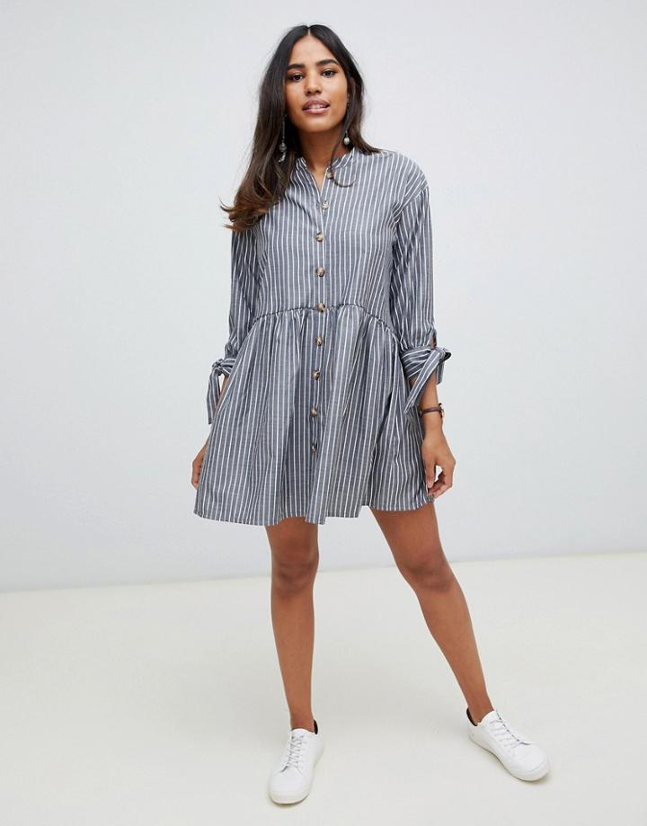 Asos Design Grandad Collar Button Through Mini Smock Dress With Tie Sleeve In Stripe - Multi