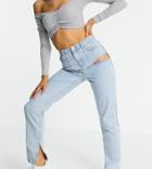 Asyou Split Hem Straight Leg Jean With Chap Detail In Light Blue-blues