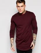 Asos Longline Long Sleeve T-shirt With Curve Hem In Burgundy - Red