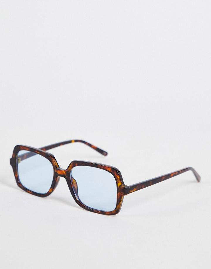Asos Design Square Sunglasses In Tortoiseshell With Blue Lens - Brown