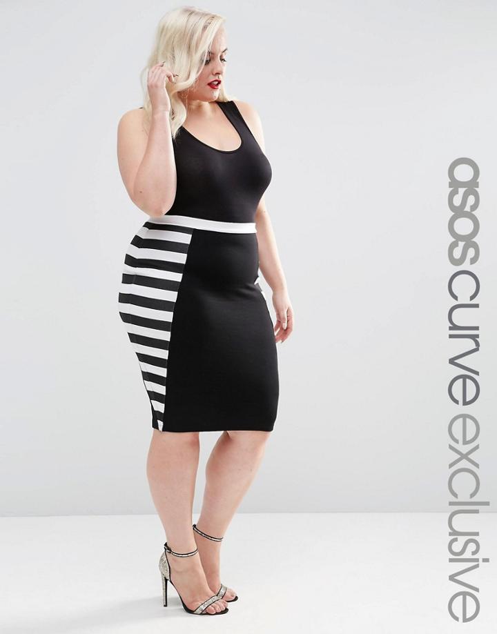 Asos Curve Pencil Skirt In Mono Stripe - Print