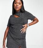Asos Design Curve High Neck Top With Cutout In Metallic Sparkle-silver