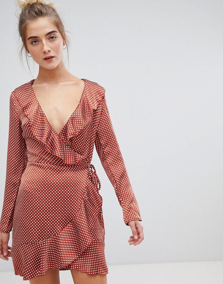 Parisian Polka Dot Wrap Dress With Frill - Orange