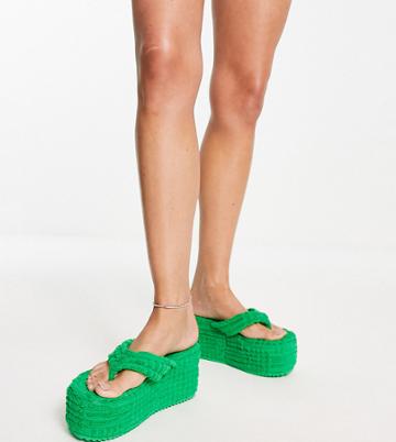 Public Desire Wide Fit Nell Wedge Flip Flops In Green Terrycloth
