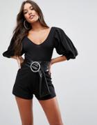 Asos Jersey Romper With Puff Sleeve And Belt Detail - Black