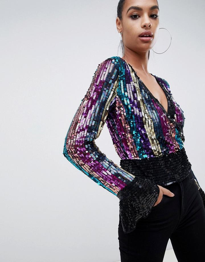 Asos Design Sequin Stripe Wrap Top With Open Back - Multi