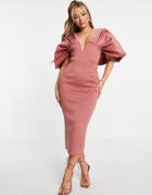 Asos Design Structured Ruched Sleeve V Neck Pencil Midi Dress In Rose-yellow