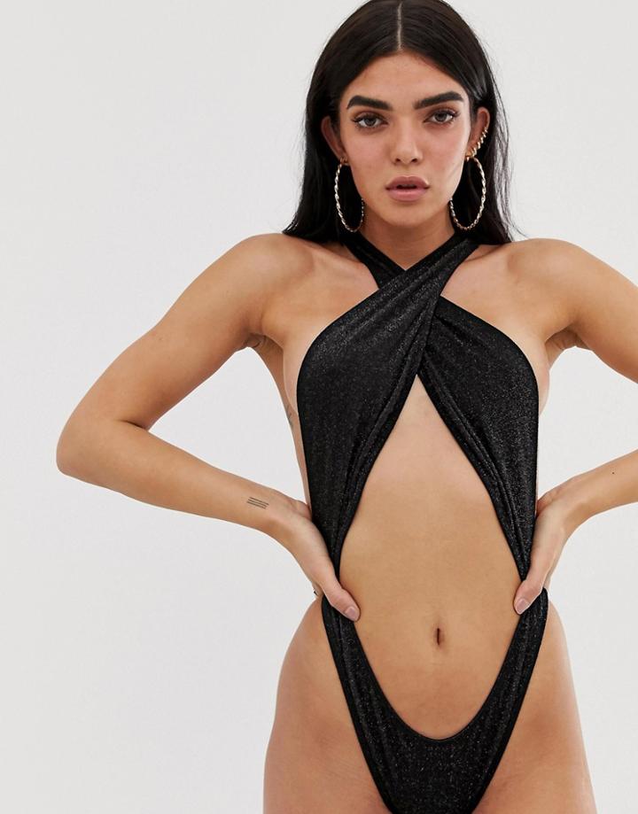 Asos Design Cross Neck Swimsuit In Black Glitter - Black