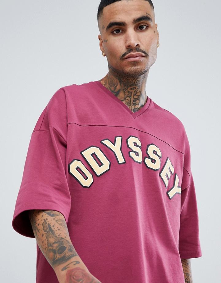 Asos Design Oversized V Neck T-shirt With Odyssey Print And Half Sleeve - Red