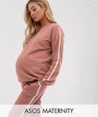 Asos Design Maternity Tracksuit Cute Sweat / Basic Under The Bump Jogger With Tie With Contrast Binding - Pink
