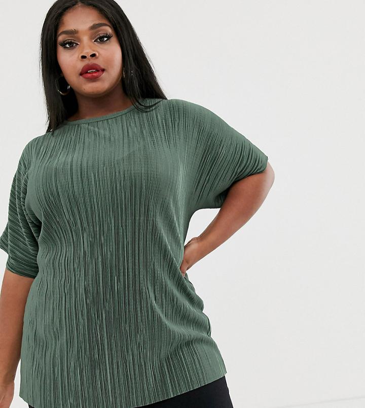 Asos Design Curve T-shirt In Plisse In Khaki - Green