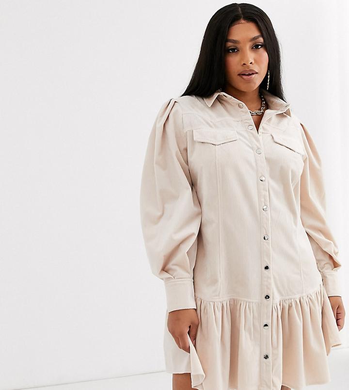 Asos Design Curve Cord Popper Mini Dress With Pephem-cream