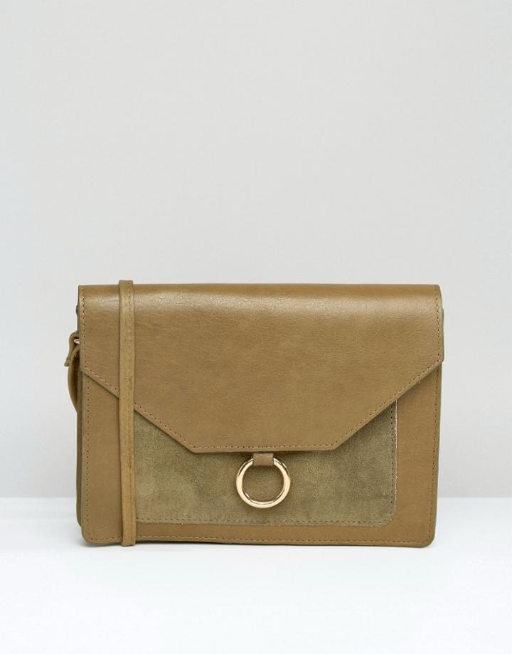 Asos Vintage Leather Cross Body Bag With Metal Ring Detail - Green