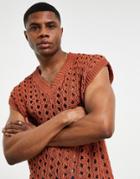 Topman Crochet Knit Tank In Brown-orange