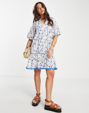 Y.a.s Cotton Eyelet Smock Mini Dress In Blue Floral - Mblue