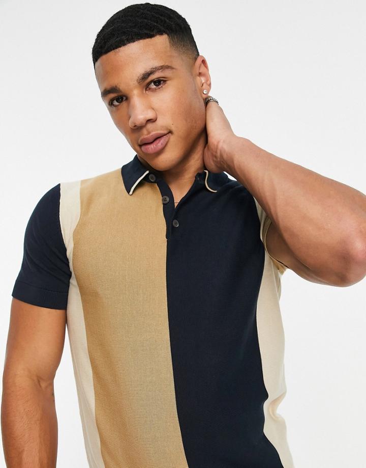 Selected Homme Knitted Polo In Navy And Beige Color Block-neutral