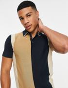 Selected Homme Knitted Polo In Navy And Beige Color Block-neutral